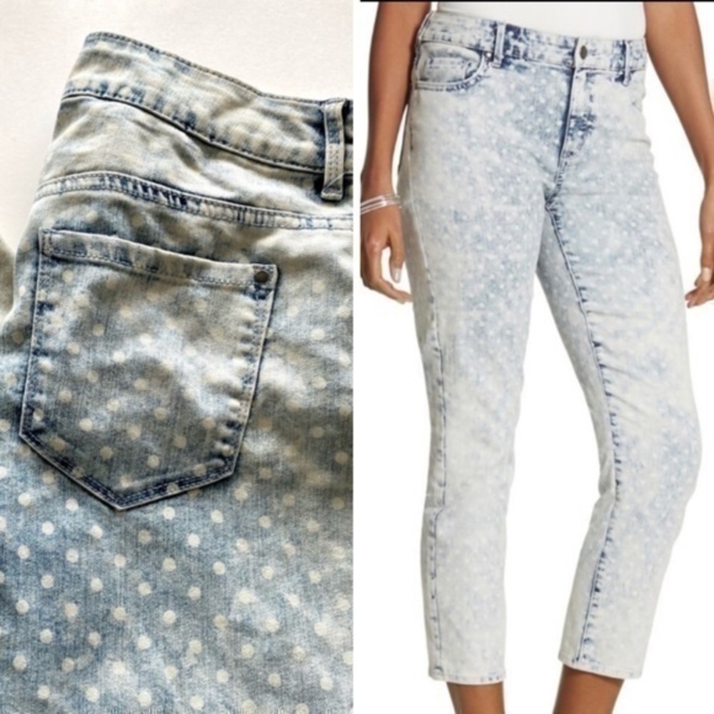 Chico’s bleached polka dot print 24” cropped denim blue jeans 00 (XS/2)